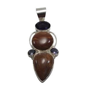 Sterling Silver Brown Stone Duo Pendant Necklace